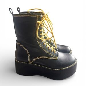 Nasty Gal Black Platform Lace-Up Boots with Yellow Stitching and Laces